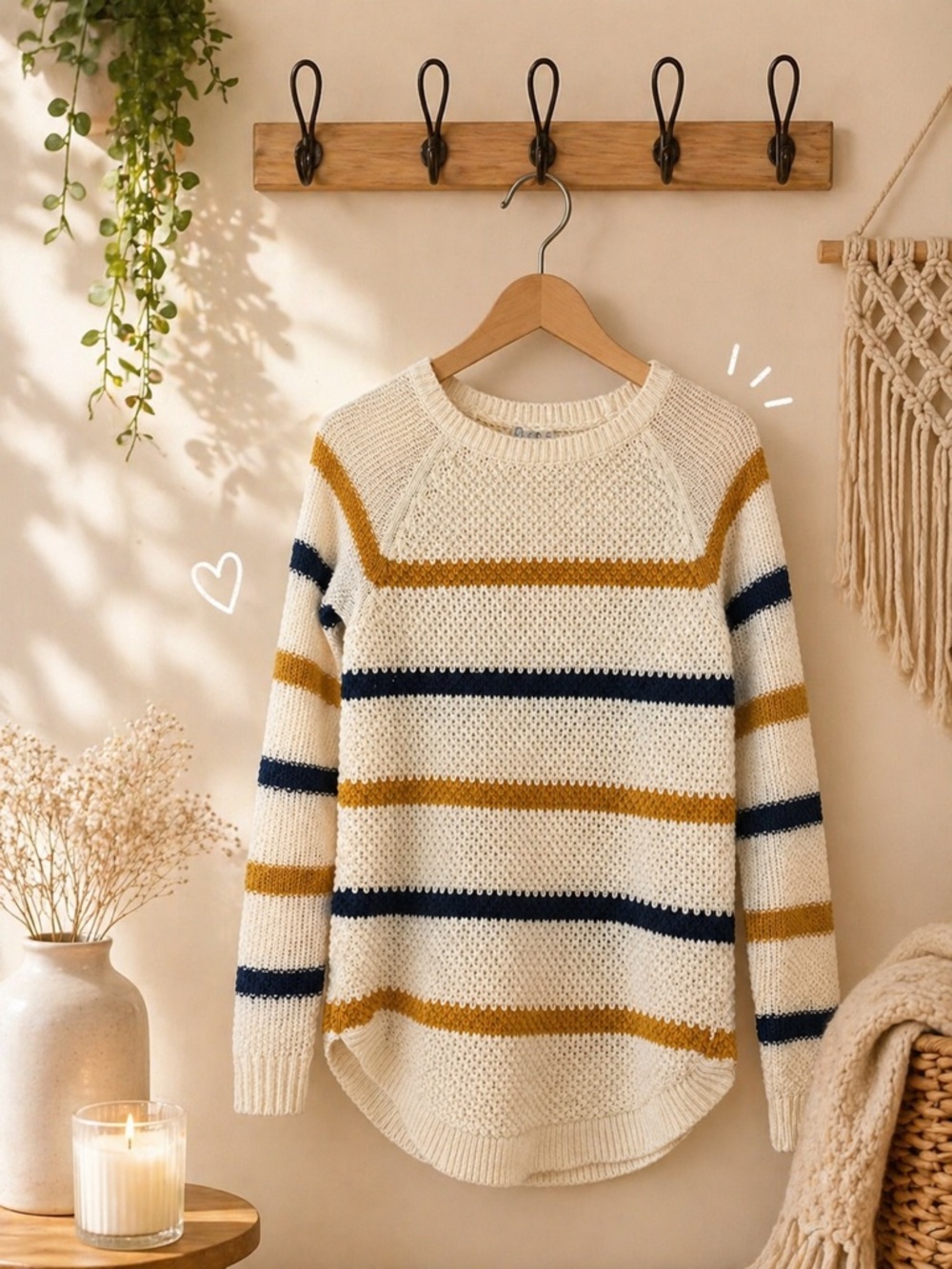Women’s Cream Striped Knit Sweater with Mustard & Navy